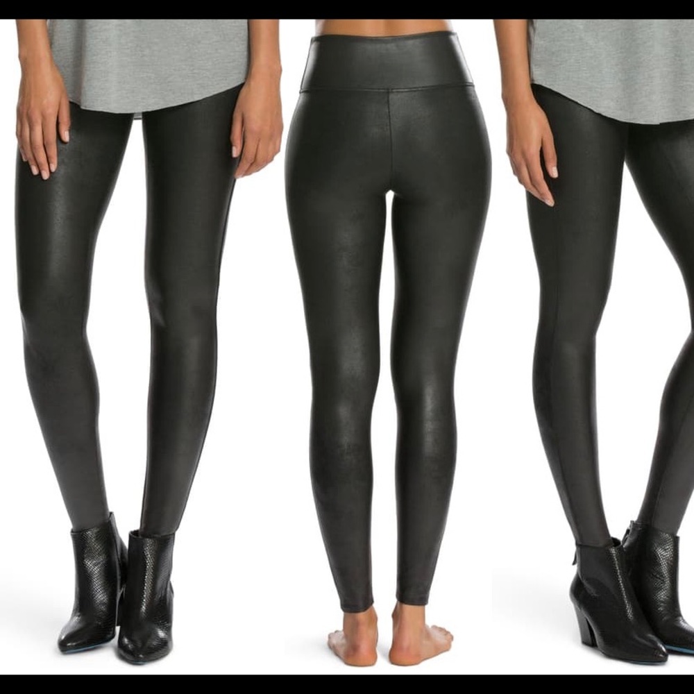 SPANX Black Faux Leather Leggings, Medium